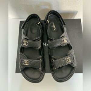 CHANEL Black Quilted Caviar Gold CC Dad Sandals 42